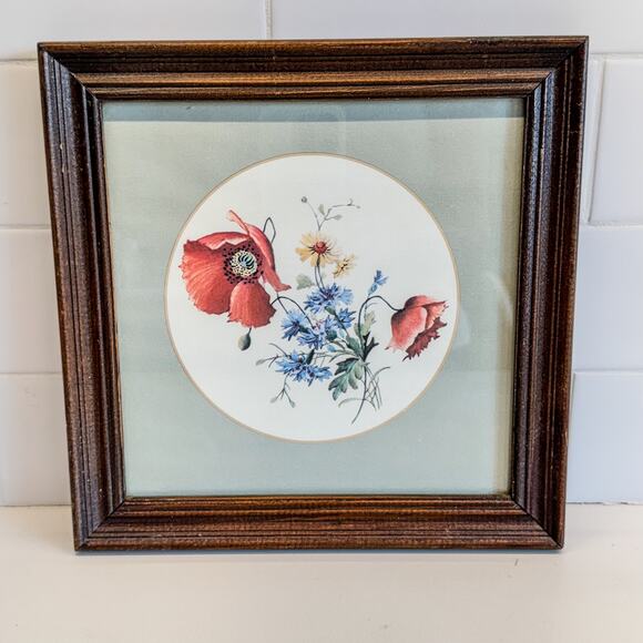 Vintage Wooden Framed Botanical Red Poppy & Wildflower Print w/ Matte, 9.5" - Picture 1 of 6